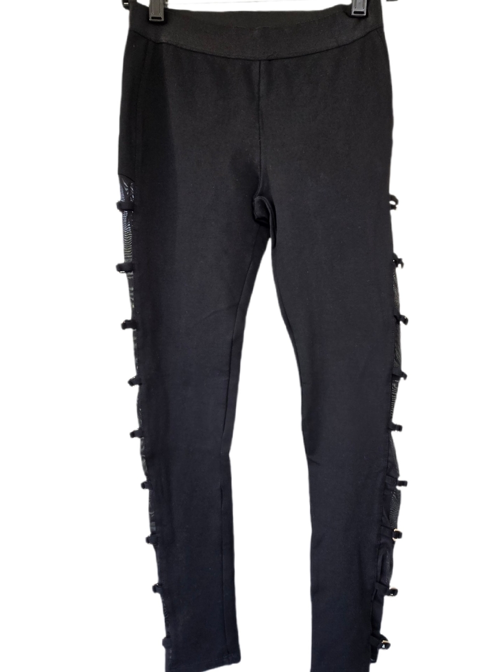 bebe Black Mesh Side Panel Leggings With Hardware Detail Size S